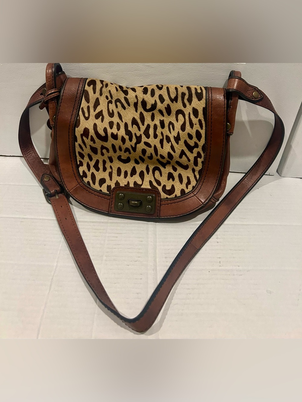 Vintage Fossil Flap Bag Leather Crossbody with Leopard Print Brown 9”x11”